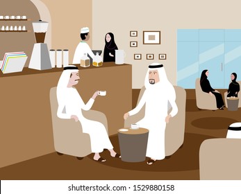 Arabic People Sitting In Coffee Shop With Traditional Dress