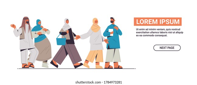 arabic people in traditional clothes abandoning social networks digital detox concept arab arab men women spending time together horizontal full length copy space vector illustration