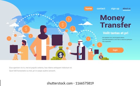 arabic people using global payment application money transfer concept dollar coin world map background flat copy space horizontal vector illustration