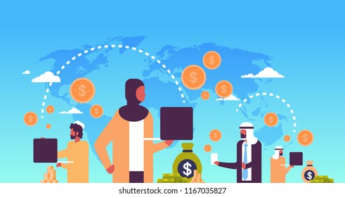 arabic people using global payment application money transfer concept dollar coin world map background flat horizontal vector illustration