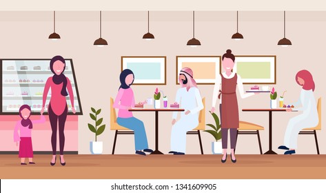 arabic people visitors sitting modern cafe shop waitress serving arab guests wearing traditional clothes bakery cafeteria interior cartoon characters full length flat horizontal