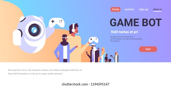 arabic people in vr glasses playing game bot controller gamepad in virtual reality headphones team flat horizontal copy space vector illustration