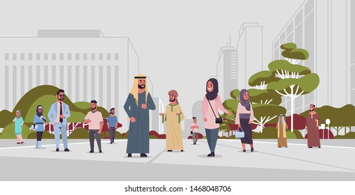 arabic people walking outdoor arab businesspeople wearing traditional clothes arabian cartoon characters having fun urban city panorama cityscape background full length flat horizontal