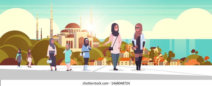 arabic people walking outdoor arab women wearing traditional clothes arabian cartoon characters over nabawi mosque building muslim cityscape beautiful seaside background horizontal