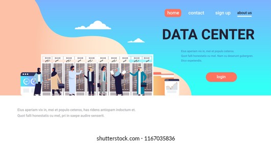 arabic people working data center room hosting server computer monitoring information database graph diagram analysis flat horizontal copy space vector illustration