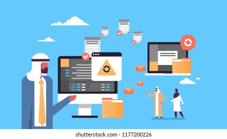 arabic people working data transfer synchronization computer connection database access transformation technology horizontal vector illustration