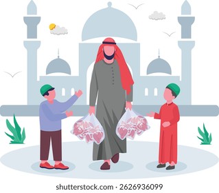 Pessoa árabe segurando sacos de carne crua com conceito de crianças, Família olhando animado em ocasião design de vetor, cena Eid al-Adha, banner Eid-al-Kabir Hajj, ilustração tradicional do Festival dos Muçulmanos Árabes