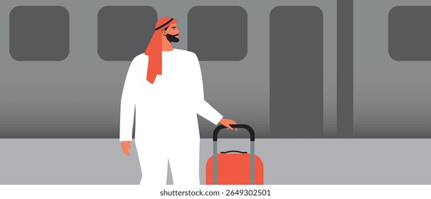 Arabic person near train at station, flat vector stock illustration with man with suitcase for sstkTravel