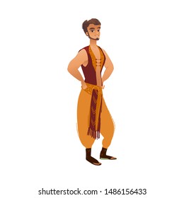Arabic prince in ethnic Oriental clothes - handsome Arab man standing in confident pose. Persian cartoon character in stylish outfit - isolated vector illustration