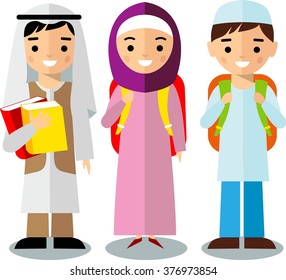Arabic pupil and teacher in national clothes in flat style.  Vector colorful illustration of arab school children, teachers in national clothes 