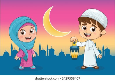 Arabic Ramadan Characters. Kids Ramadan holding lantern with a mosques at the backgrounds.