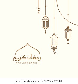 Arabic ramadan lantern, simple ramadan Kareem arabic caligraphy vector , Eid Mubarak Greeting Line icon minimal vector design with mosque Glowing Lantern and hanging crescent moon star