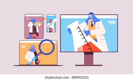 arabic researchers discussing during video call arab scientists making chemical experiments molecular engineering