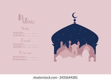 Arabic restaurant menu. Ramadan greeting card. Iftar Party Vector