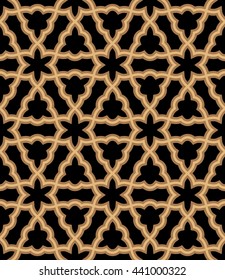Arabic Rounded Seamless Pattern. Traditional Islamic Design. Ocher on Black. Mosque decoration element.