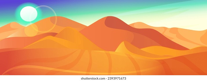 Arabic sand dune. Sahara desert panoramic view, outdoor scenic landscape. Summer vacation travel, holiday resort. Yellow and orange color. Panorama horizon, sky and sunset. Vector illustration