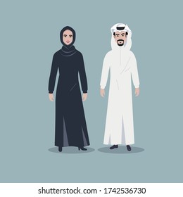 Arabic saudi man and women Characters business Moslem people in traditional clothing vector illustration.
