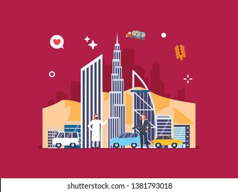 Arabic scenery, desert sand, middle east scenery and common view in Arabic countries with tiny people illustration. Suitable for website header, infographic element and poster.