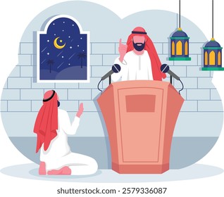 Arabic Scholar giving Lecture in religious ambiance concept, Beard man gesturing with his right index finger One god vector Icon design, ramadan and Eid al-Fitr Banner, Muslim fasting month scene