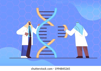 arabic scientists working with DNA arab researchers making experiment in lab DNA testing genetic diagnosis concept