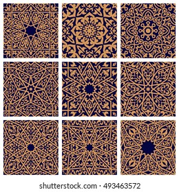 Arabic seamless floral patterns with set of orange arabesque ornaments with flowers, leaves and geometric ethnic motifs on dark blue background. Tile and textile print design