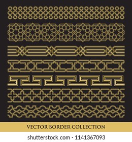 Arabic Seamless geometric golden Border with black background, Traditional Islamic Design Collection,  Mosque decoration element pattern