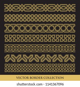 Arabic Seamless geometric golden Border with black background, Traditional Islamic Design Collection,  Mosque decoration element pattern
