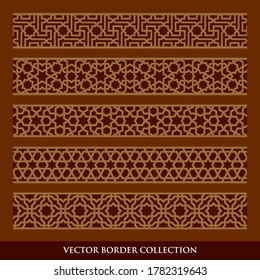 Arabic Seamless geometric golden Border with dark background, Traditional Islamic Design Collection,  Mosque decoration element pattern