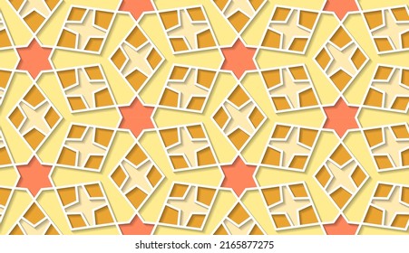 Arabic seamless girih pattern with classic islamic culture ornament. Colorful tiled background with shadow.