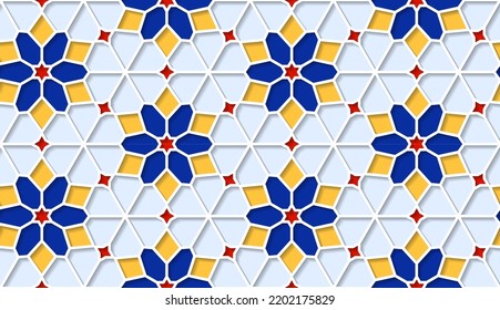Arabic seamless girih pattern with classic islamic culture ornament. Colorful tiled background with shadow.