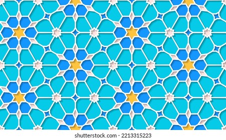 Arabic seamless girih pattern with classic islamic culture ornament. Colorful tiled background with shadow.