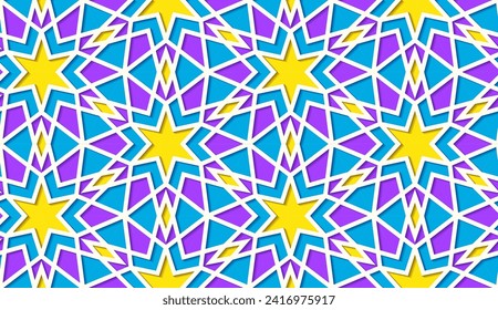 Arabic seamless girih pattern with classic islamic culture ornament. Colorful tiled background with shadow.