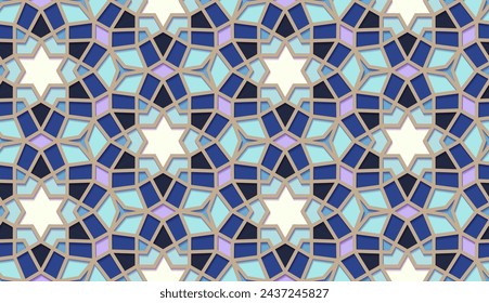 Arabic seamless girih pattern with classic islamic culture ornament. Colorful tiled background with shadow.