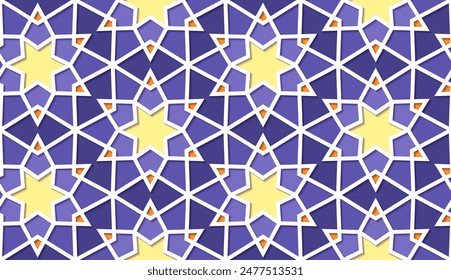Arabisches nahtloses Giri-Muster mit klassischem islamischen Kulturornament. Bunte geflieste Hintergrund mit Schatten.