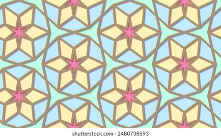 Arabic seamless girih pattern with classic islamic culture ornament. Colorful tiled background with shadow.