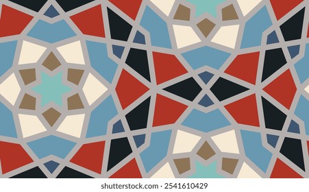 Arabic seamless girih pattern with classic islamic culture ornament. Colorful tiled background with shadow.