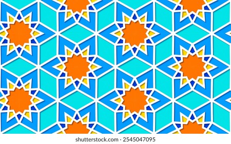 Modelo inconsútil árabe del girih con el ornamento clásico de la cultura islámica. Fondo de azulejos de colores con sombra.