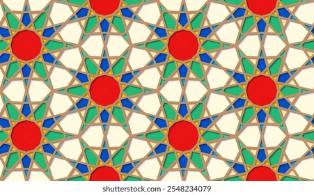 Padrão árabe de girih sem costura com ornamento clássico da cultura islâmica. Fundo ladrilhado colorido com sombra.