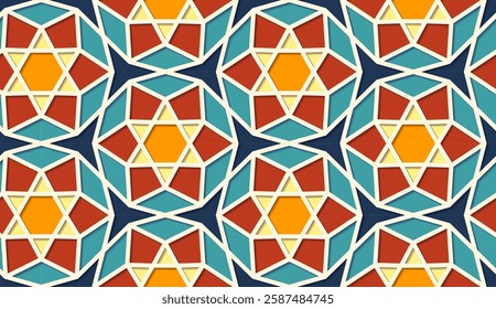 Arabic seamless girih pattern with classic islamic culture ornament. Colorful tiled background with shadow.