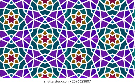 Arabic seamless girih pattern with classic islamic culture ornament. Colorful tiled background with shadow.