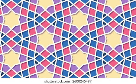 Arabic seamless girih pattern with classic islamic culture ornament. Colorful tiled background with shadow.
