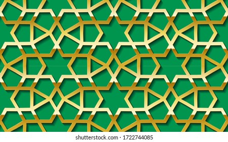 Arabic seamless golden pattern with classic islamic culture ornament in arabic tradition. Green background with shadow.