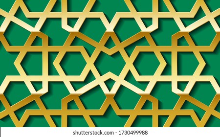 Arabisches nahtloses goldenes Muster mit klassischem islamischen Kulturschmuck in arabischer Tradition. Grüner Hintergrund mit Schatten.