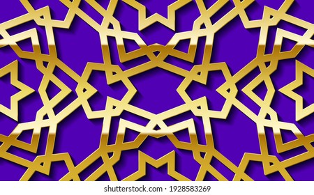 Arabic seamless golden pattern with classic islamic culture ornament. Purple background with shadow.