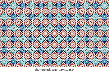 Arabic seamless mosaic. Red, blue and green colors. Zellige Colorful Vector.