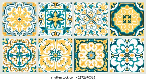 Arabic Seamless ornamental pattern tile with Victorian motives. abstract vector Majolica pottery tile, azulejo, original traditional Portuguese and Spain decor