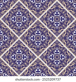 Padrão árabe sem emenda As cores azul arabesco, dourado, branco. Padrão marroquino azulejo, Talavera, azulejo majolica, Damasco. Ornamento floral padrão azulejo português, cerâmica mediterrânea, bordado