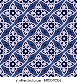 Arabic seamless pattern in blue tones. Islamic arabesque design ornament with colorful detail of mosaic. Vector illustration.