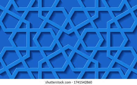 Arabic seamless pattern with classic islamic culture ornament in arabic tradition. Blue background with shadow.