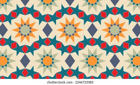 Arabic seamless pattern in multicolored palette. Oriental decor. Arabic Muslim ethnic style. Ramadan wallpaper design. Vector illustration.